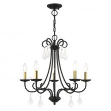  40875-04 - 5 Light Black Chandelier with Antique Brass Finish Accents and Clear Crystals