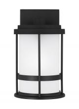 8590901-12 - Wilburn modern 1-light outdoor exterior small wall lantern sconce in black finish with satin etched