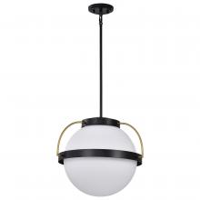  60/7774 - Lakeshore 1 Light Medium Pendant; Matte Black & Natural Brass Finish; White Opal Glass